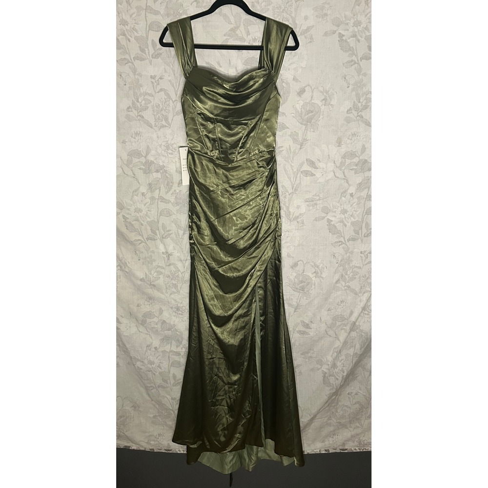 Satin Gown Olive Green Strapless Sweetheart Slit Formal